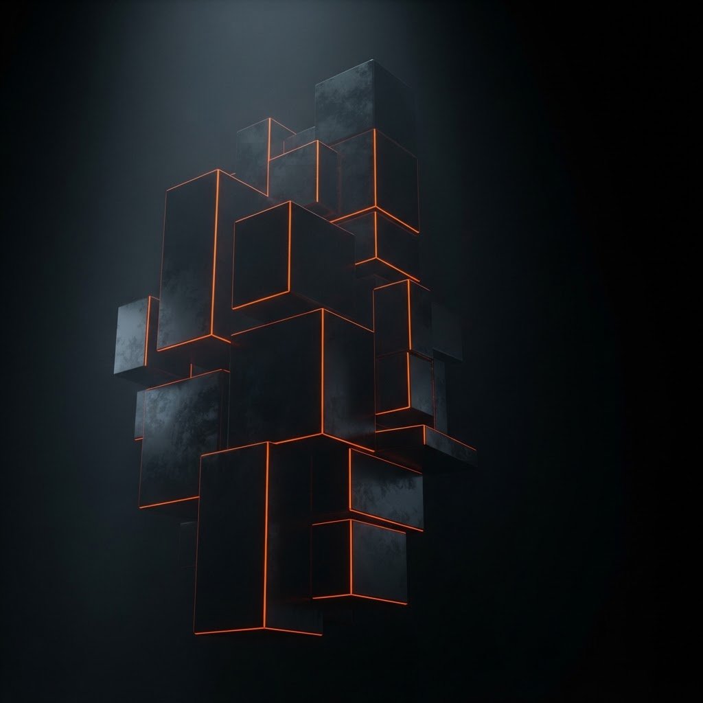 Dark blocks with glowing orange edges stacked into one structure