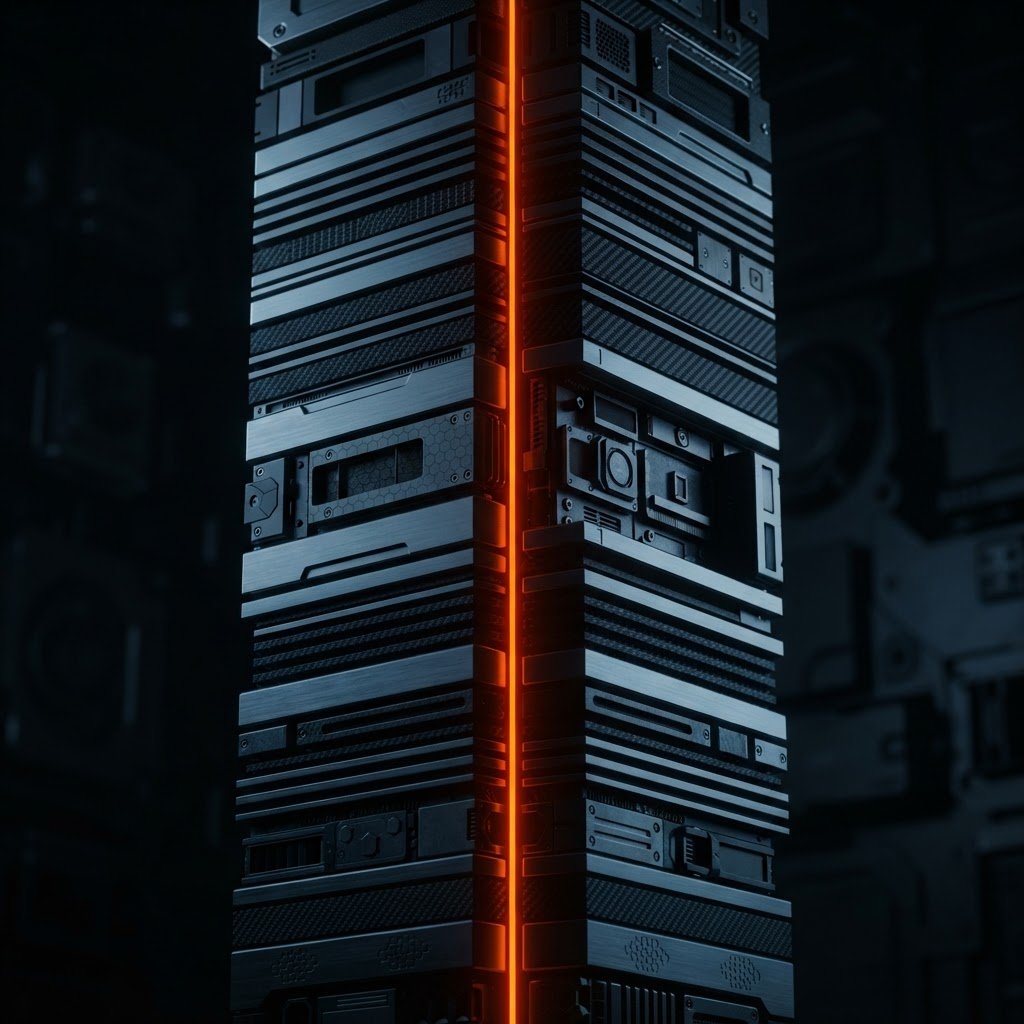 A dark tower with a glowing orange core running through it